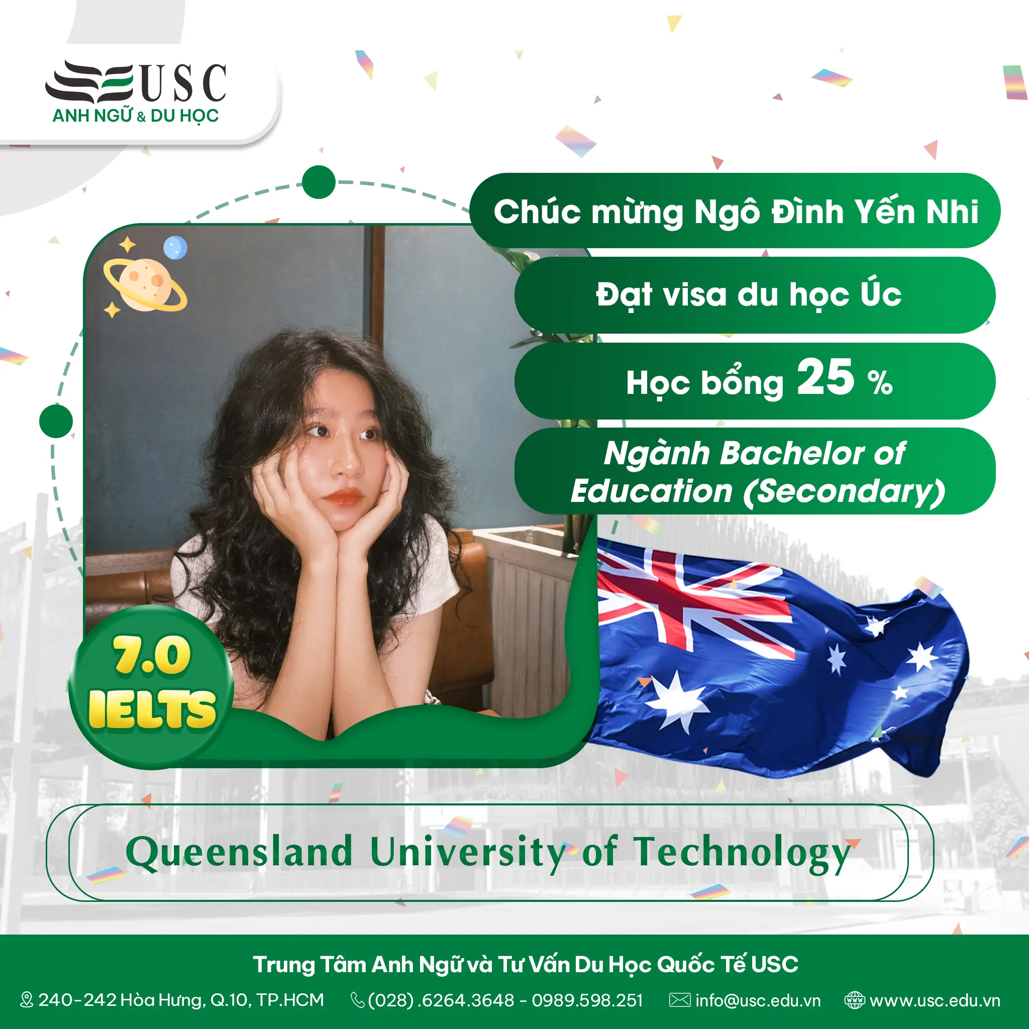 CHÚC MỪNG BẠN YẾN NHI XUẤT SẮC ĐẠT HỌC BỔNG 25% TỪ TRƯỜNG QUEENSLAND UNIVERSITY OF TECHNOLOGY, ÚC